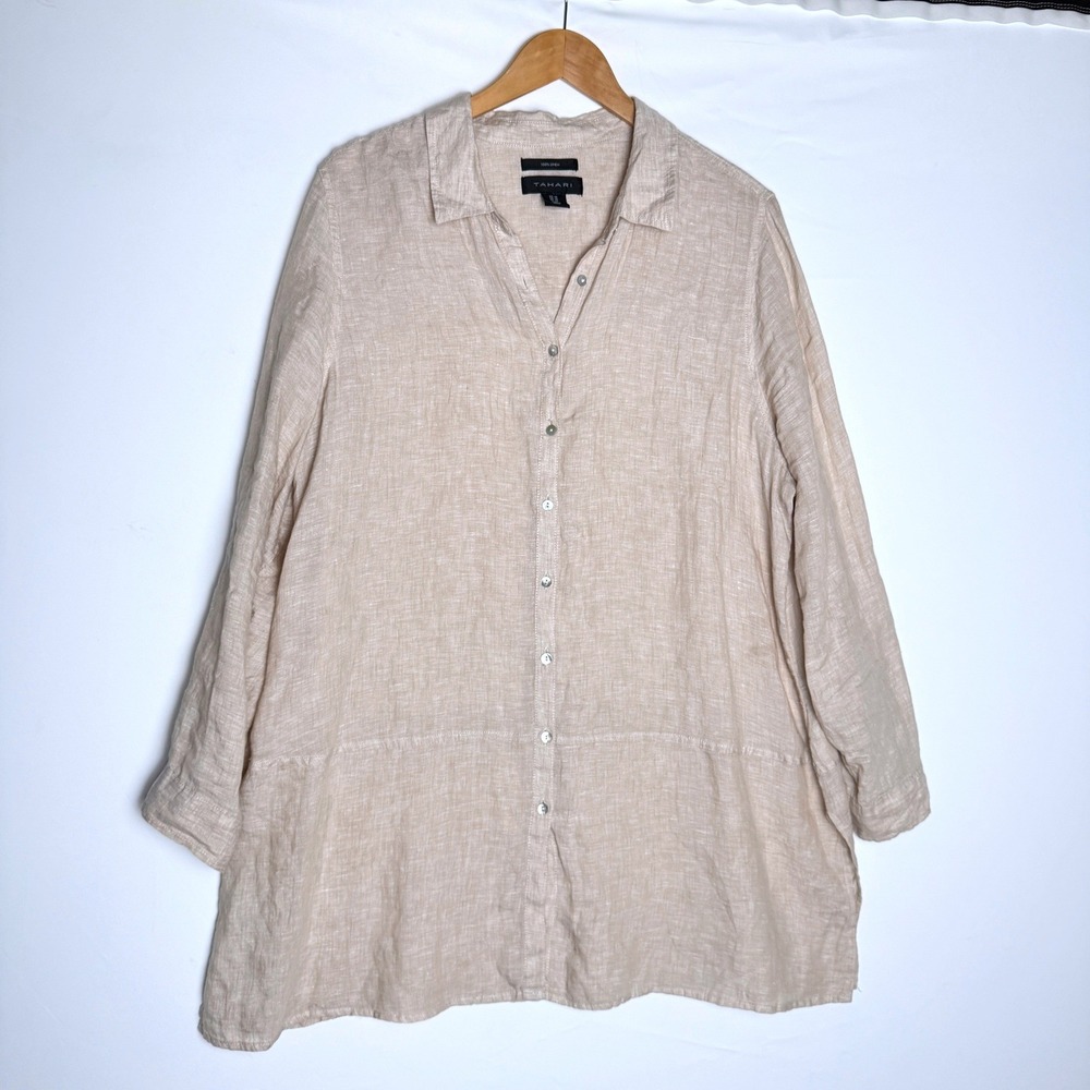 Tahari Women 1X Linen Button Down Tunic Shirt Beige Long Sleeve Roll Tab Top